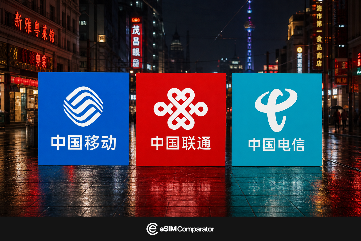 China Mobile, China Unicom and China Telecom logos on a Shanghai street at night, eSIM Comparator bar