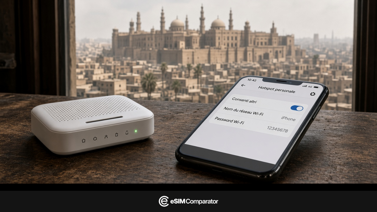 Router Pocket WiFi e smartphone su un tavolo al Cairo, barra eSIM Comparator