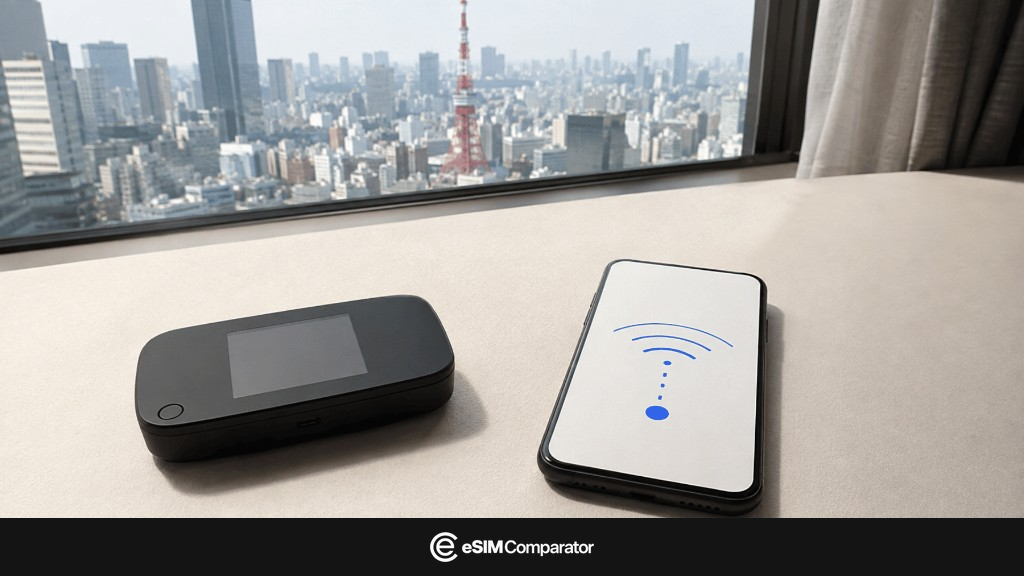 Pocket WiFi and smartphone in front of Tokyo Tower, eSIM Comparator bar