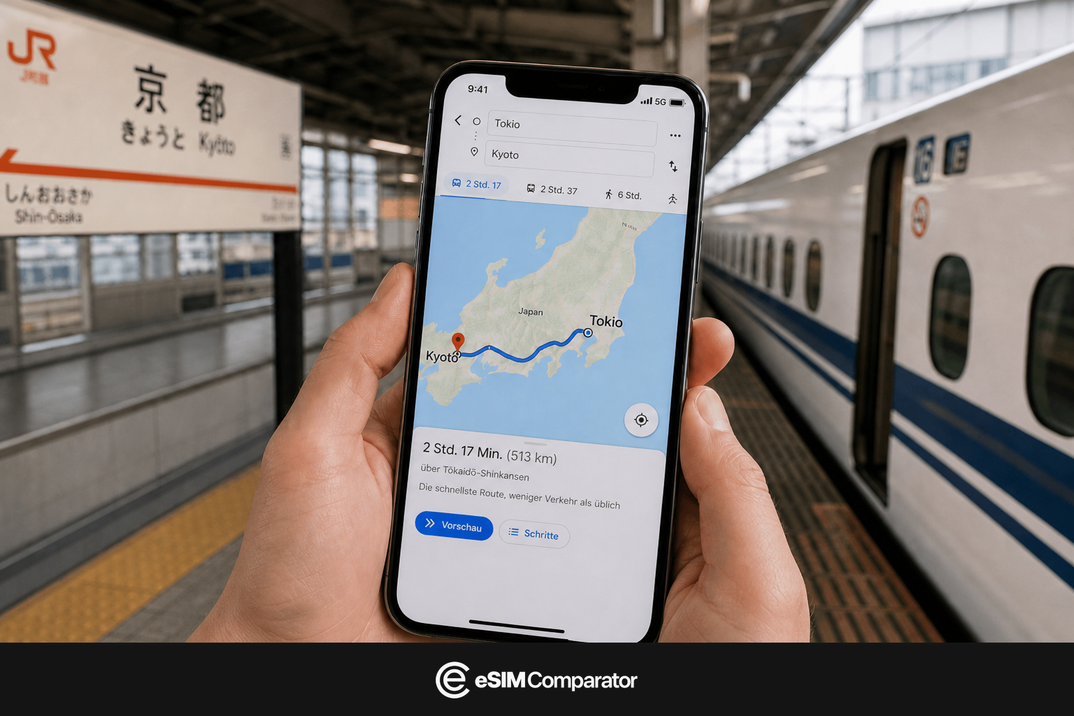 Smartphone mit Tokyo-Kyoto, Bahnsteig JR Kyoto, Leiste eSIM Comparator