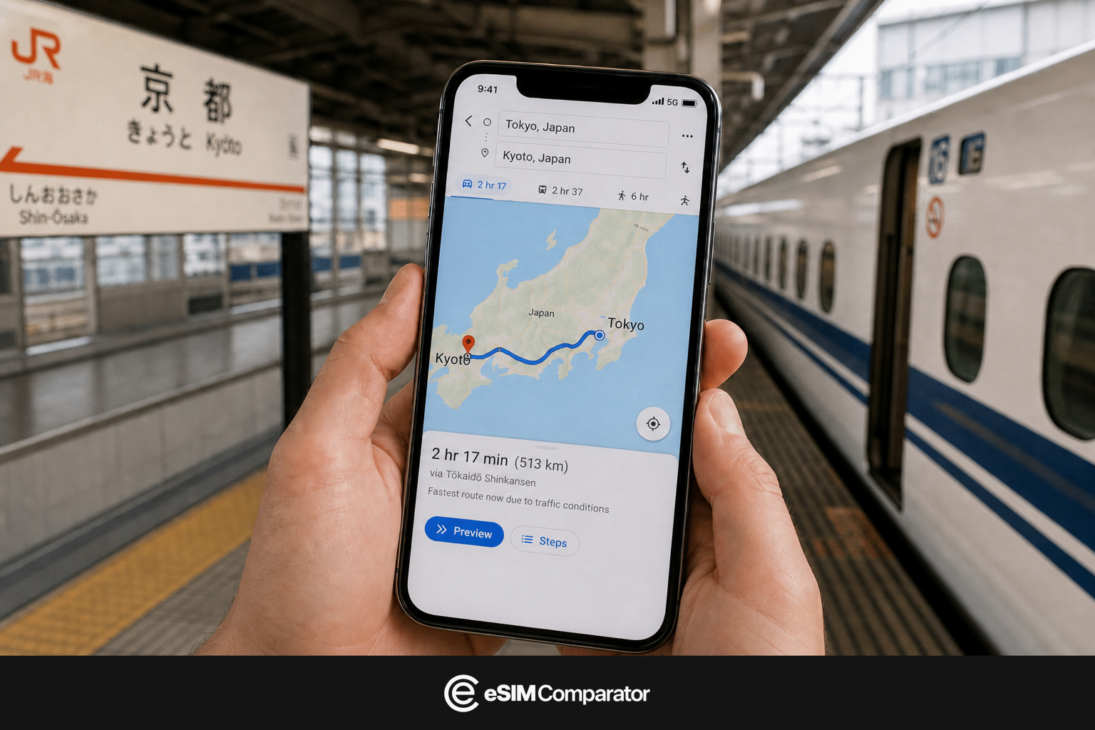 Smartphone open on Tokyo-Kyoto, JR Kyoto platform, eSIM Comparator bar