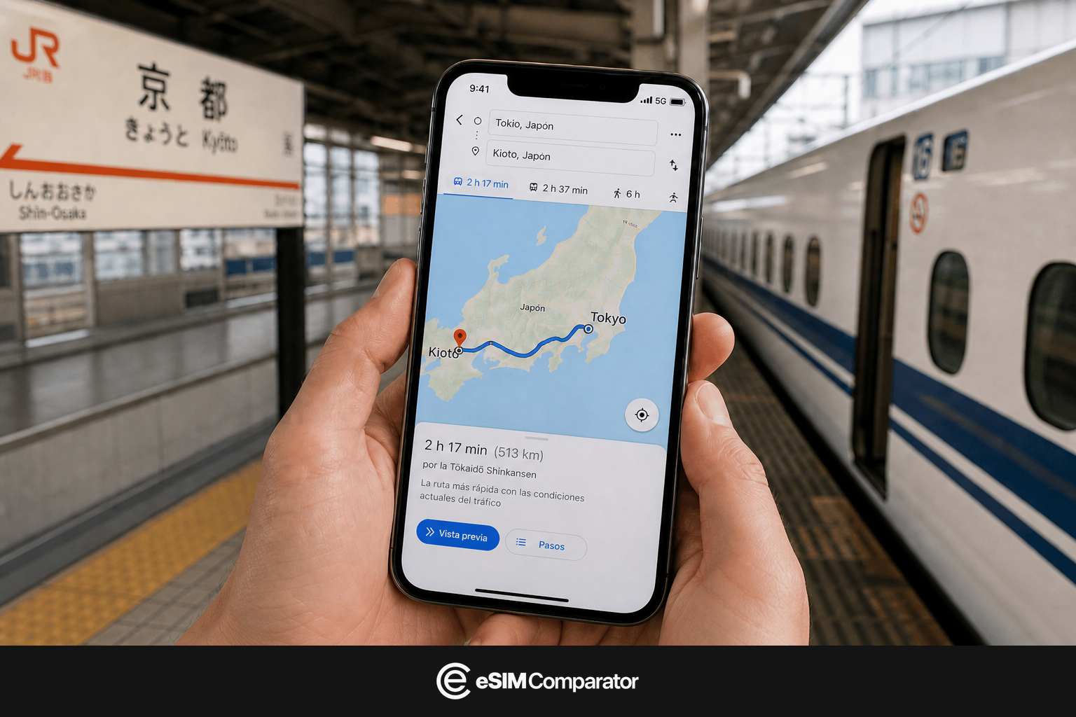 Smartphone abierto en Tokio-Kioto, andén JR Kioto, barra eSIM Comparator