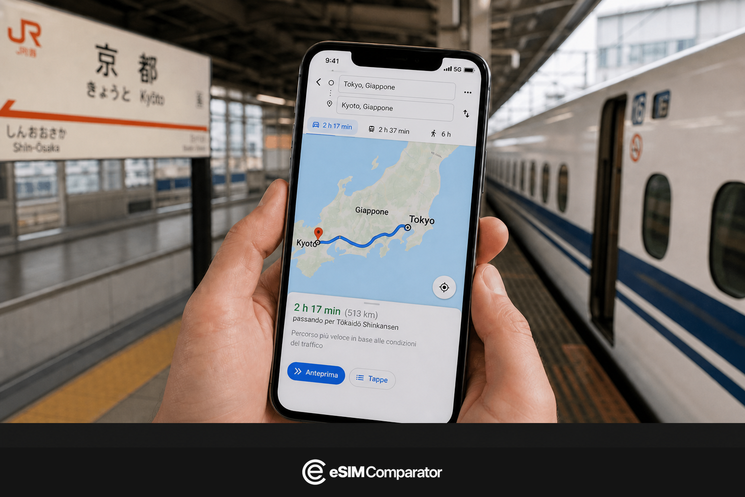 Smartphone aperto su Tokyo-Kyoto, binario JR Kyoto, barra eSIM Comparator