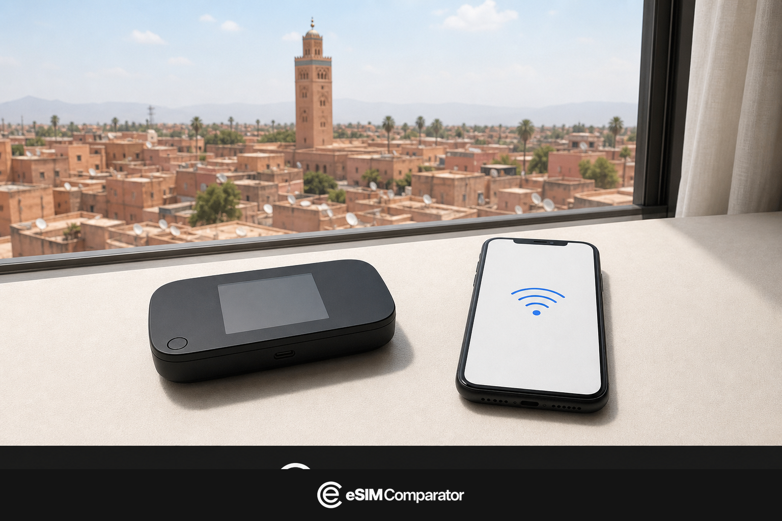 Pocket WiFi router and smartphone on a Marrakech café table, eSIM Comparator logo bar