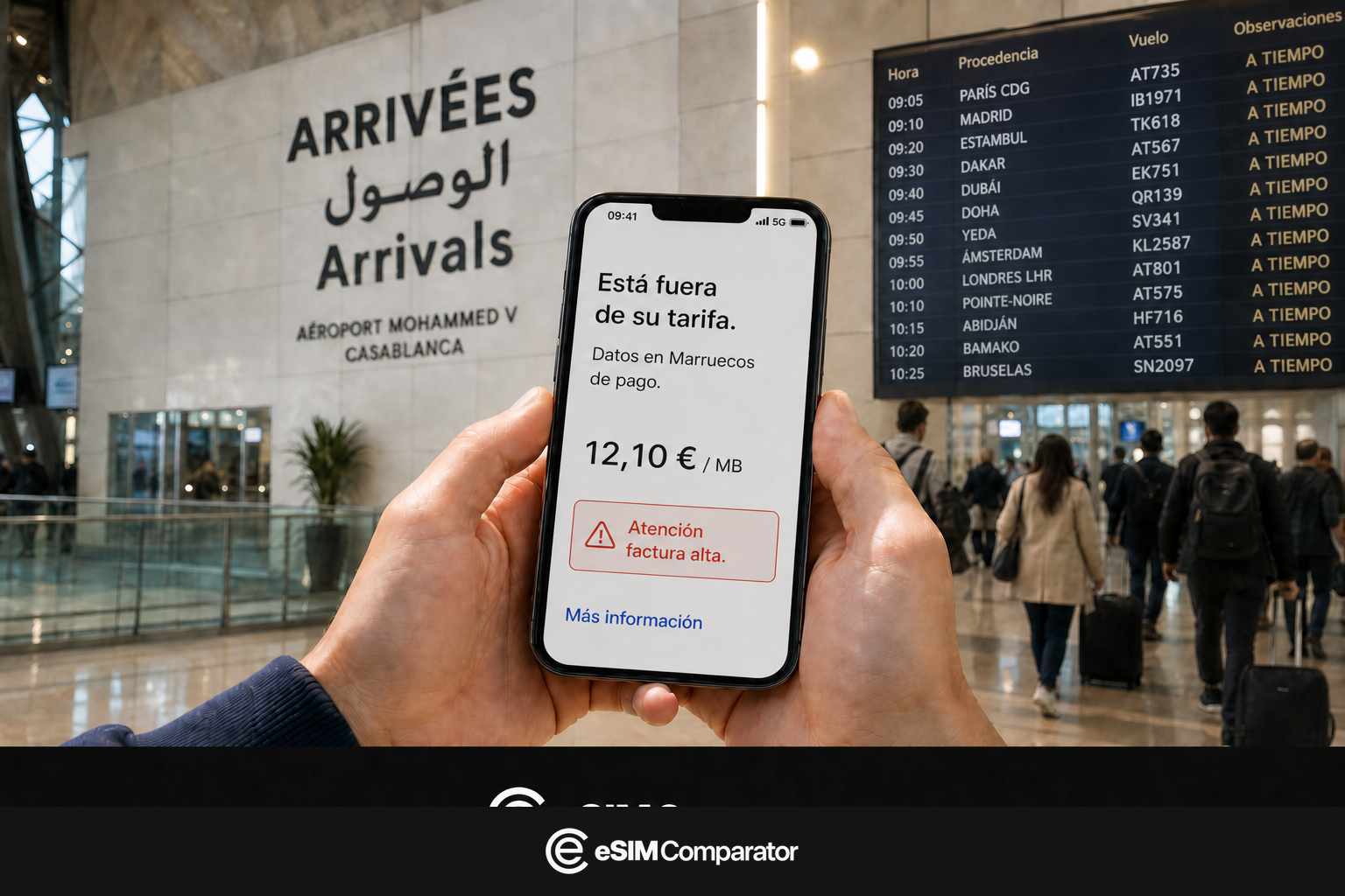 Aviso de roaming fuera de la UE en un smartphone al llegar a Marruecos, barra eSIMComparator