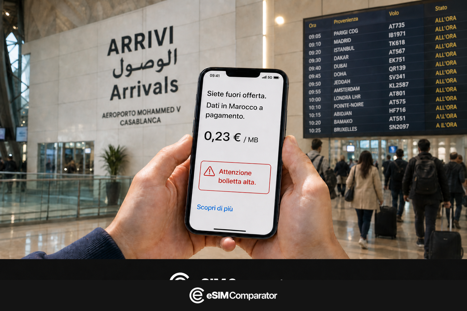 Avviso di roaming extra-UE su uno smartphone all’arrivo in Marocco, barra eSIMComparator