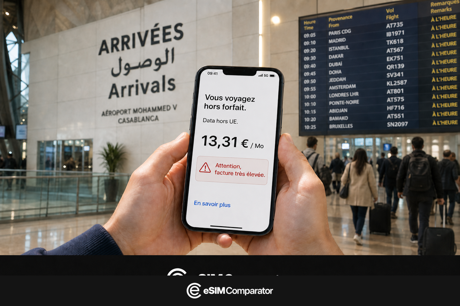 Alerte d’itinérance extra-UE sur un smartphone à l’arrivée au Maroc, barre logo eSIM Comparator