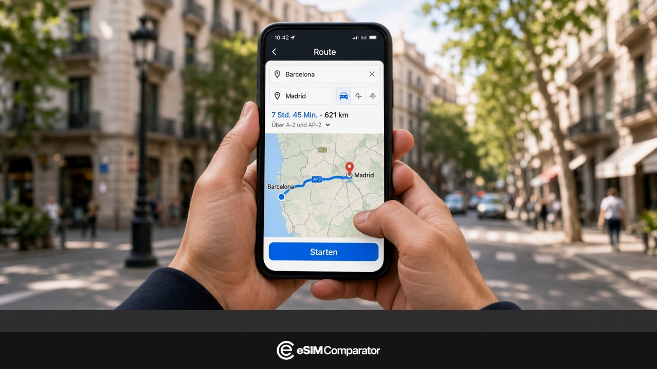 Zwei Hände halten ein Handy mit Route Barcelona–Madrid, Leiste eSIM Comparator