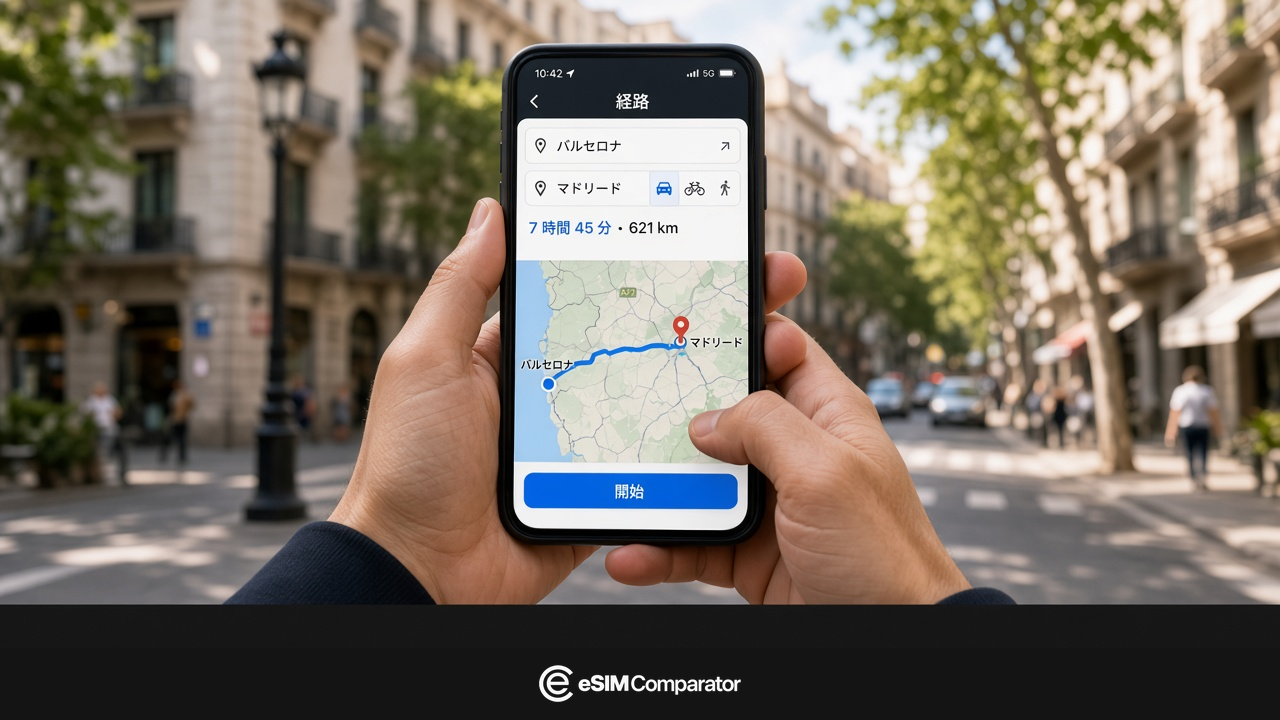 バルセロナ〜マドリードの行程を開いたスマートフォン、eSIM Comparatorのバー