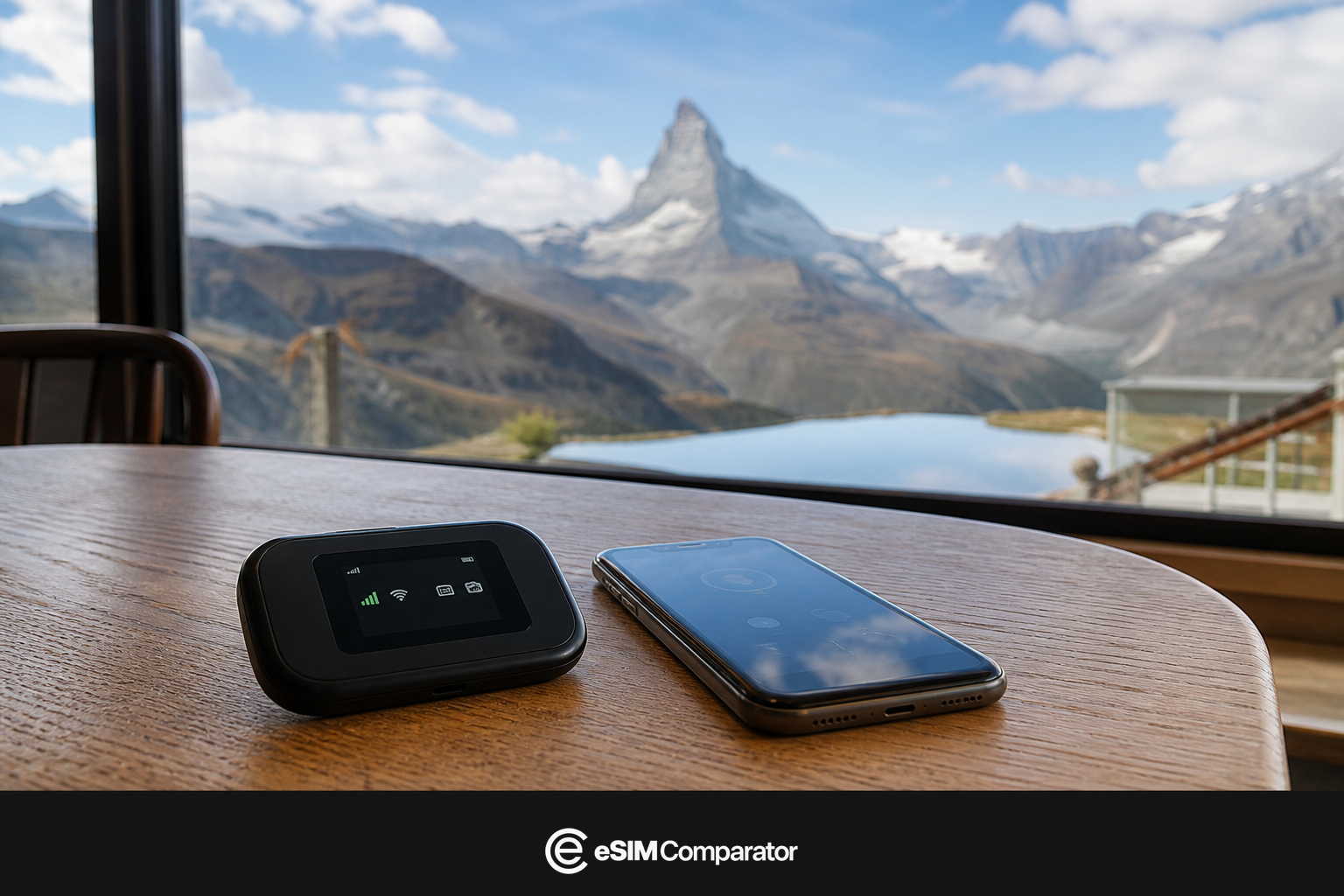 Pocket WiFi router and smartphone on a table facing the Swiss Alps, eSIM Comparator logo bar