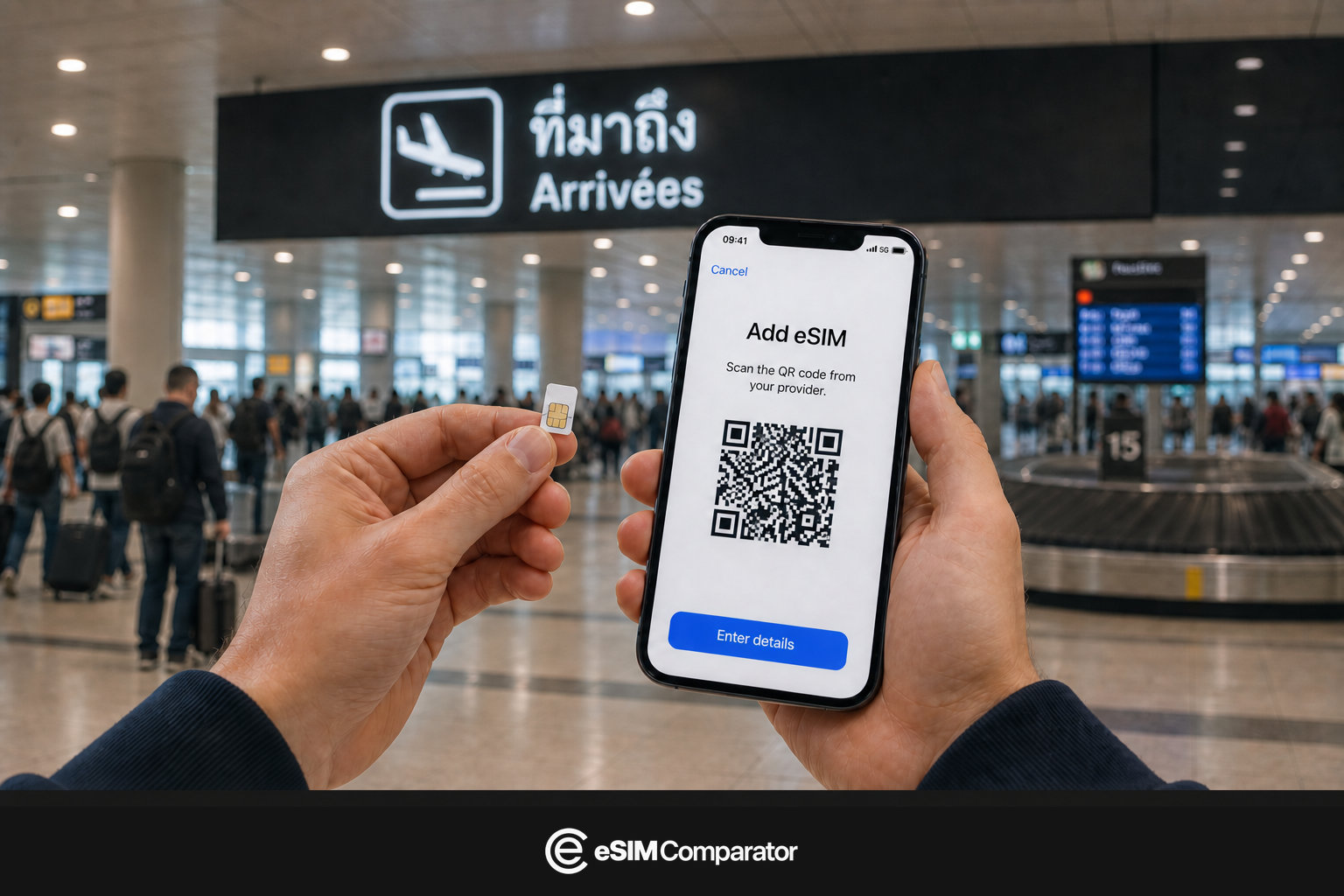 Plastic SIM and eSIM smartphone in a Thailand airport hall, eSIM Comparator logo bar