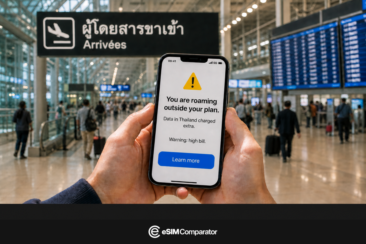 Roaming bill warning on a smartphone at Thailand arrivals, eSIM Comparator logo bar