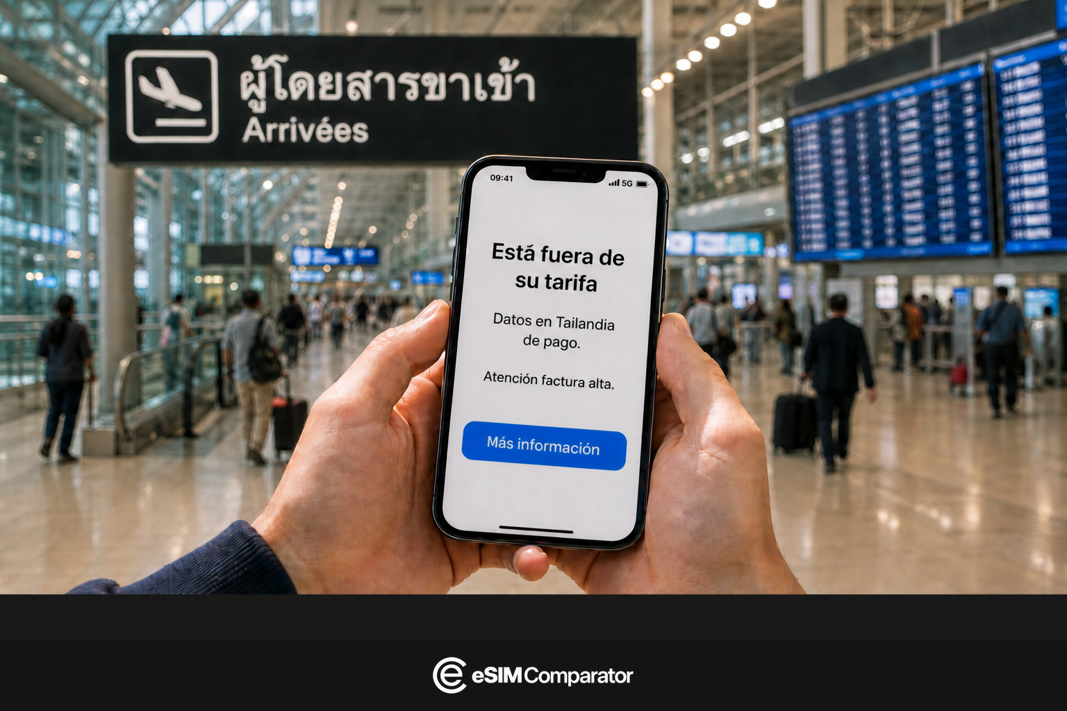 Aviso de roaming fuera de la UE en un smartphone al llegar a Tailandia, barra eSIM Comparator