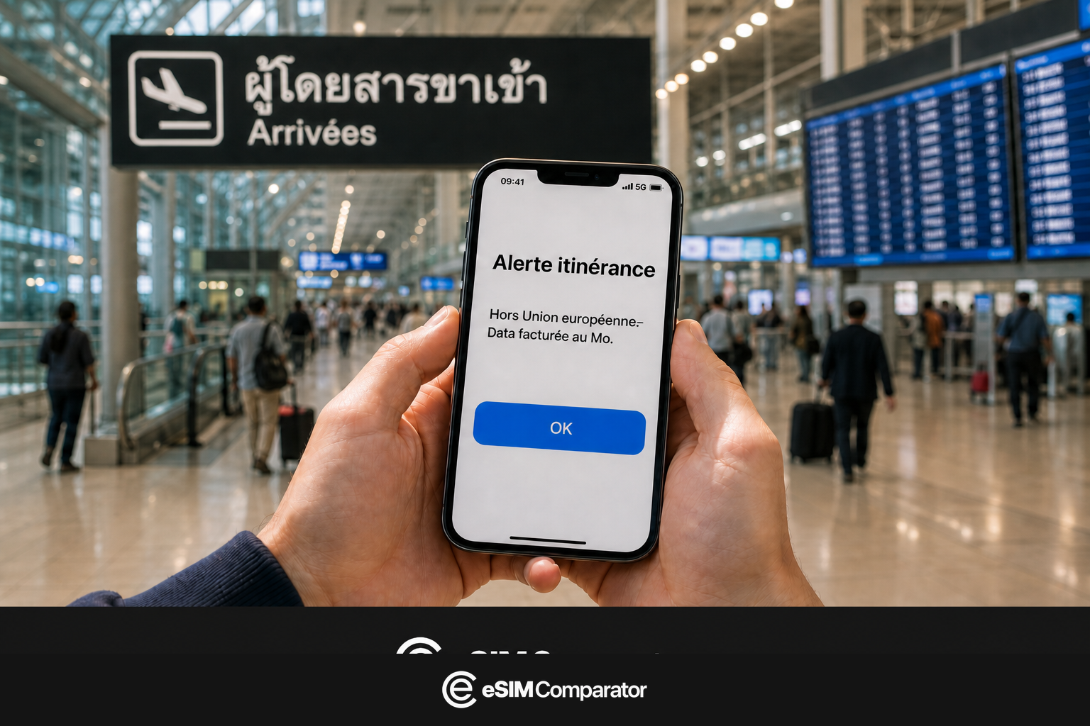 Alerte d’itinérance extra-UE sur un smartphone à l’arrivée en Thaïlande, barre logo eSIM Comparator