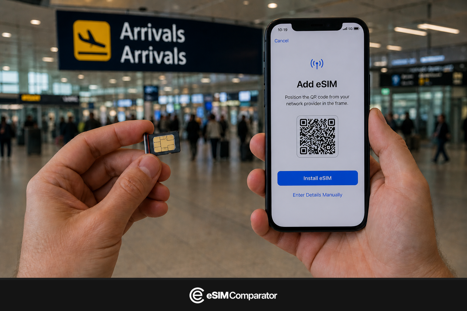 Plastic SIM and eSIM smartphone in a United States airport hall, eSIM Comparator logo bar