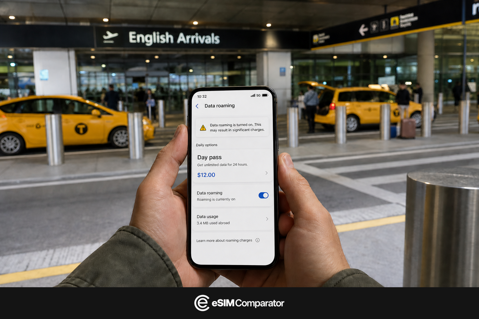 Roaming bill warning on a smartphone at United States arrivals, eSIM Comparator logo bar