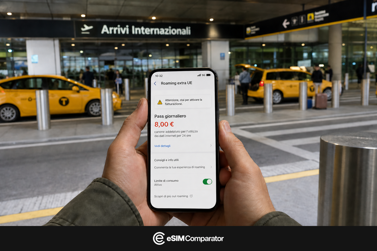 Avviso di roaming extra-UE su uno smartphone all’arrivo negli Stati Uniti, barra eSIM Comparator