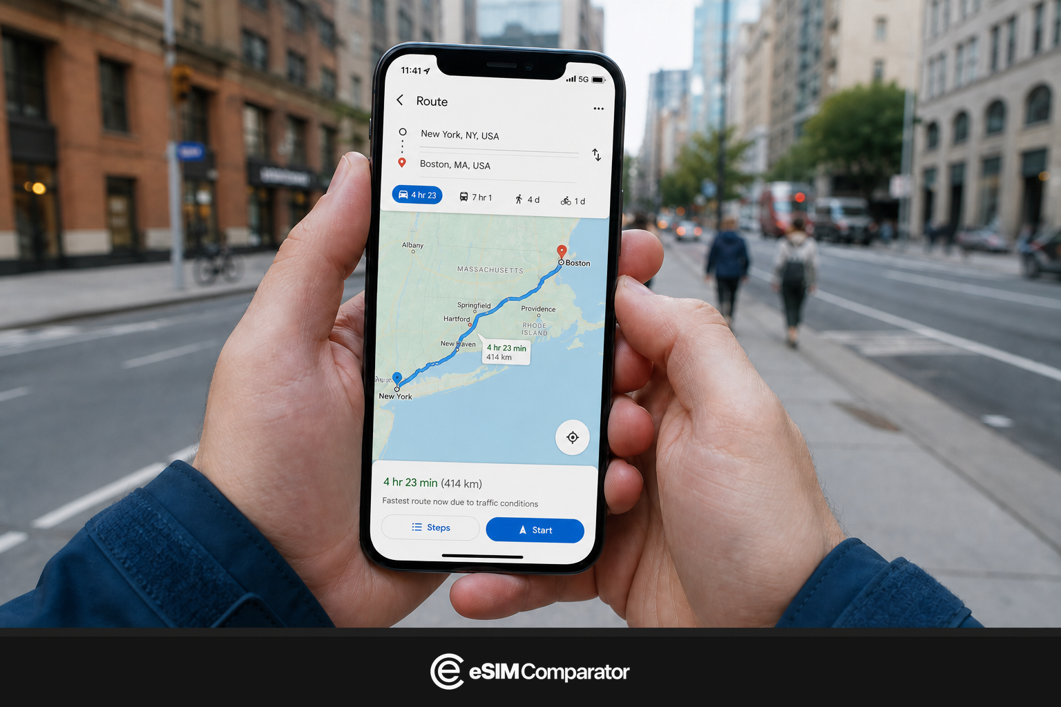 Two hands hold a phone open on a New York–Boston itinerary, eSIM Comparator logo bar